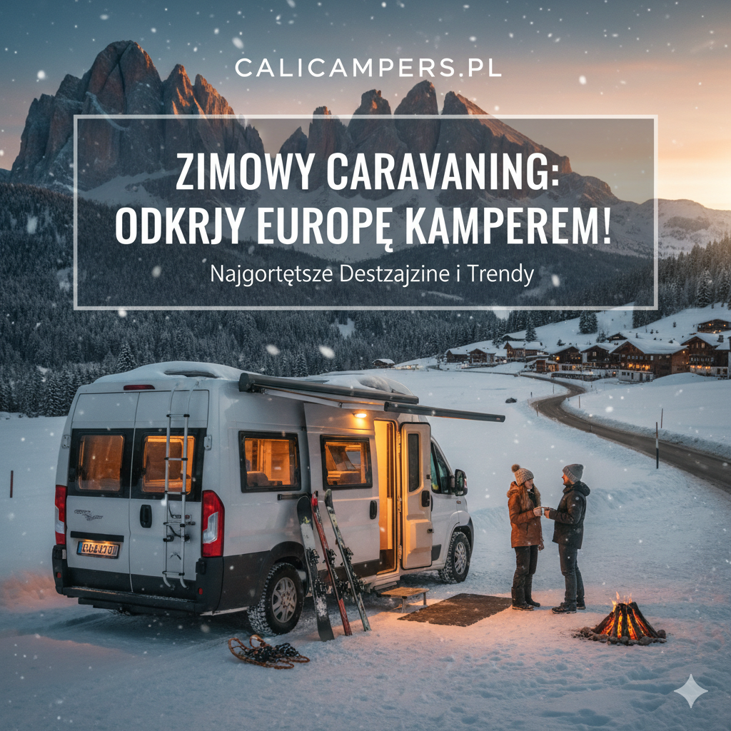 Biały kamper na tle ośnieżonych gór (Alpy Dolomity). Obok para w czapkach przy ognisku, narty i rakiety śnieżne.
